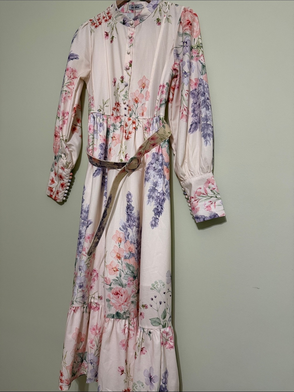 Floral Ivory Midi Dress with Belt